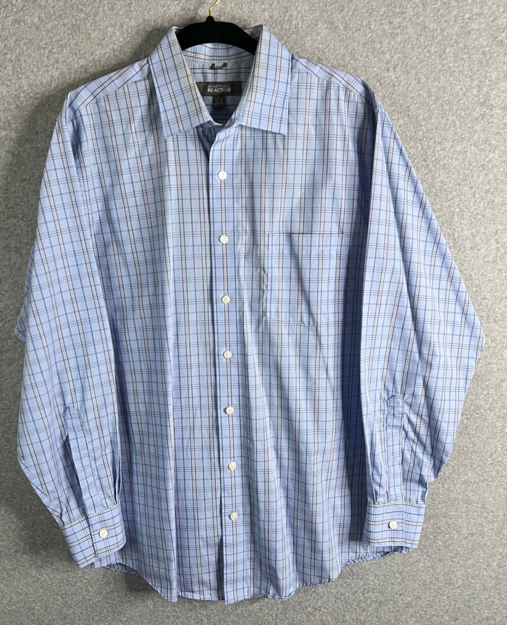 Kenneth Cole Reaction Mens Dress Shirt L 16-16.5 Blue Plaid Non Iron Button Up